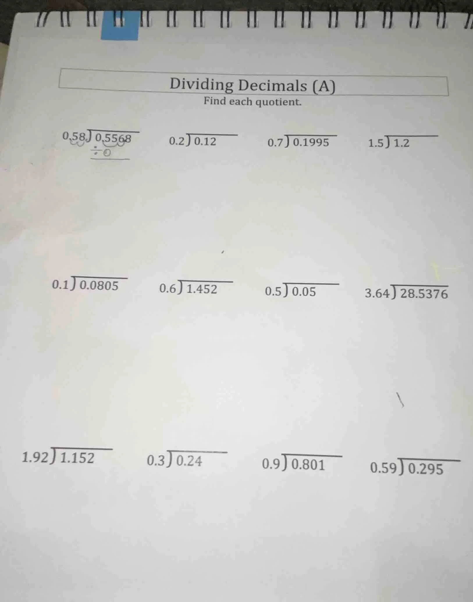 dividing decimals (a) find each quotient. $0.58 \\overline{)0.5568}$ $0…