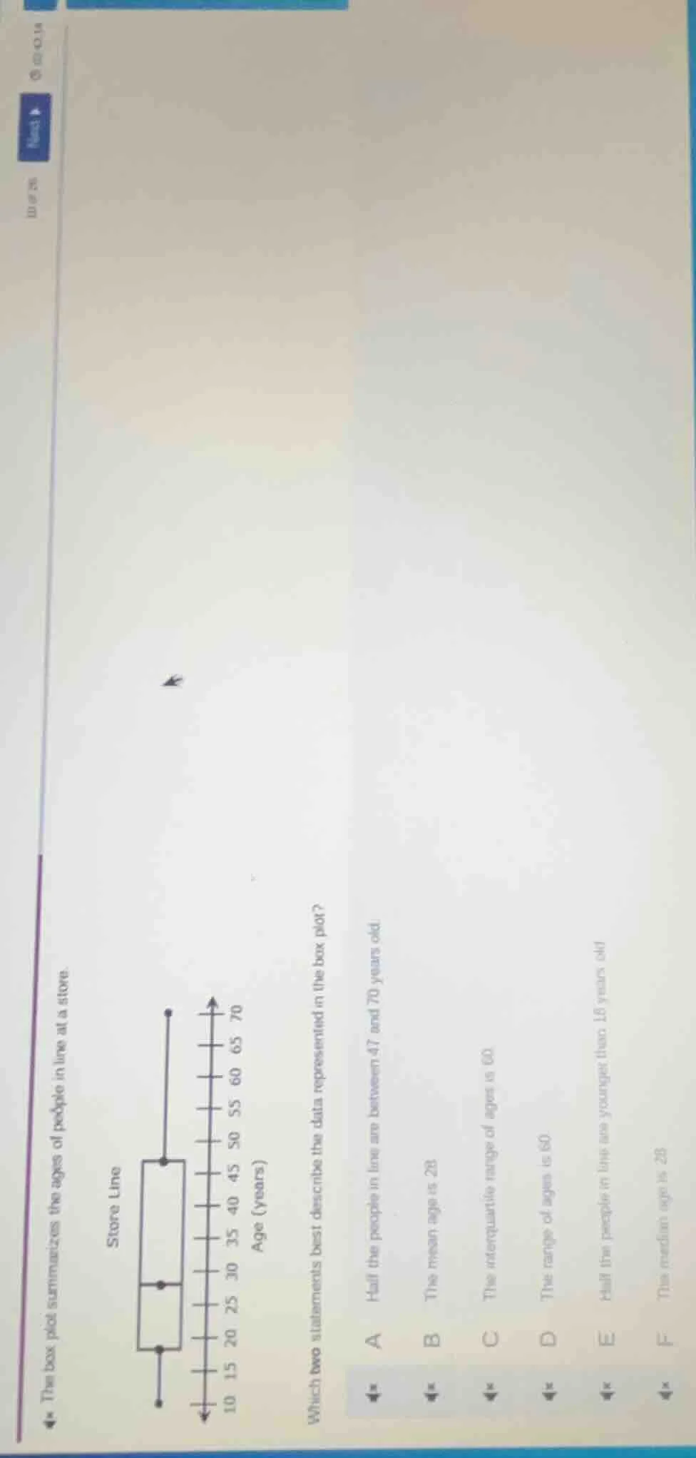 this box plot summarizes the ages of people in line at a store. which t…