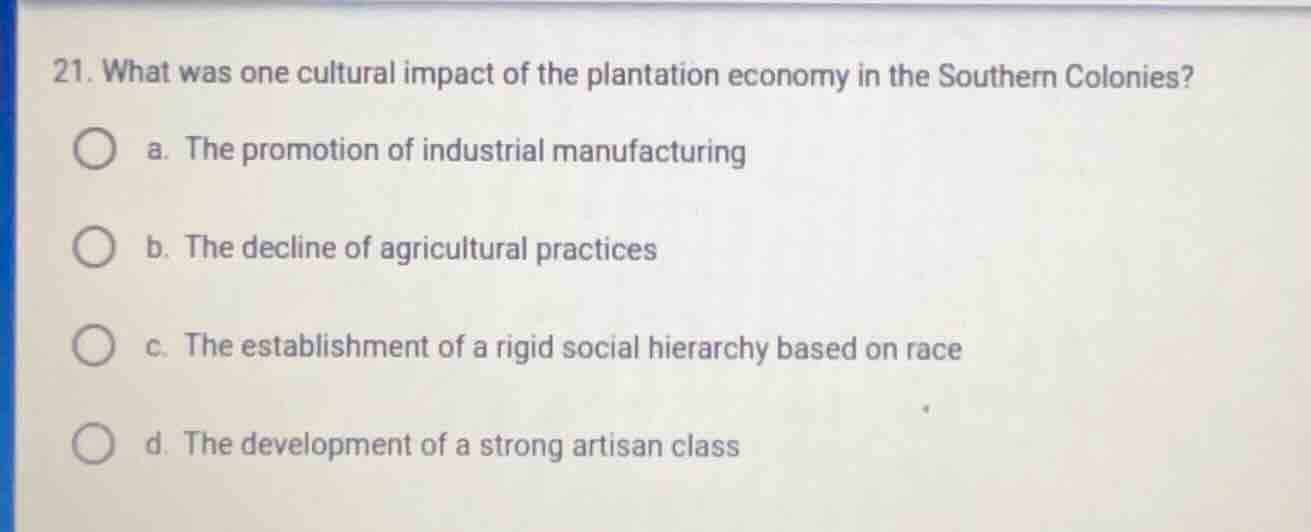 21. what was one cultural impact of the plantation economy in the south…