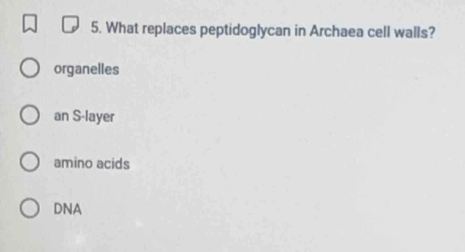 5. what replaces peptidoglycan in archaea cell walls? organelles an s -…