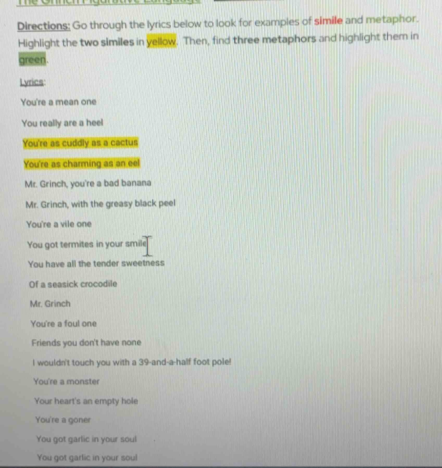 directions: go through the lyrics below to look for examples of simile …