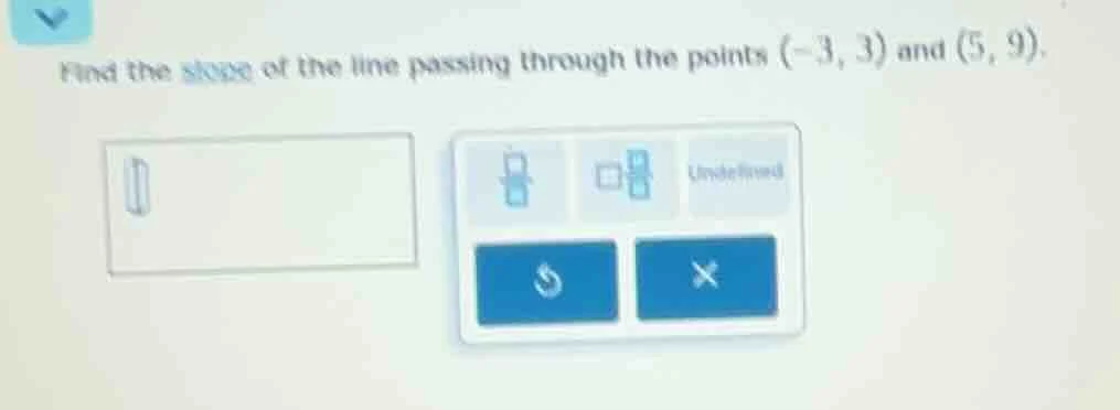 find the slope of the line passing through the points (-3, 3) and (5, 9…
