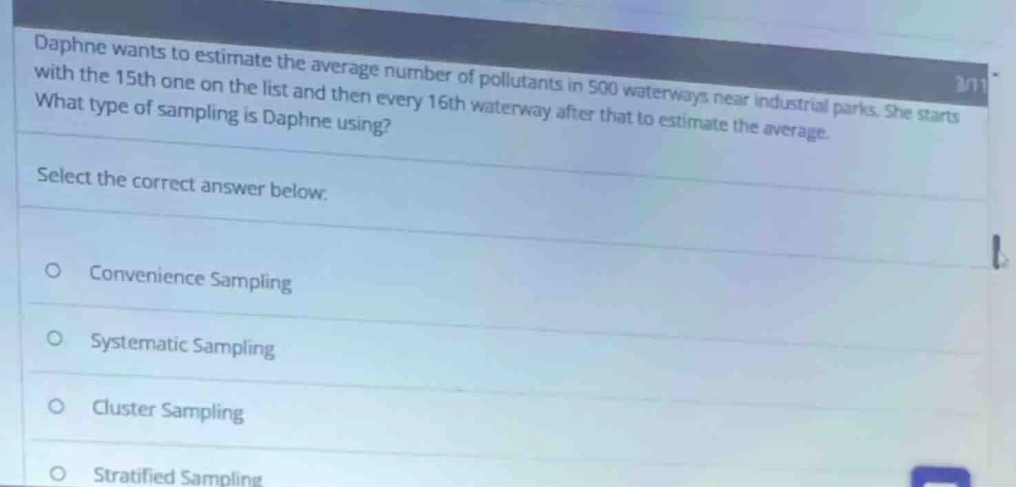 daphne wants to estimate the average number of pollutants in 500 waterw…