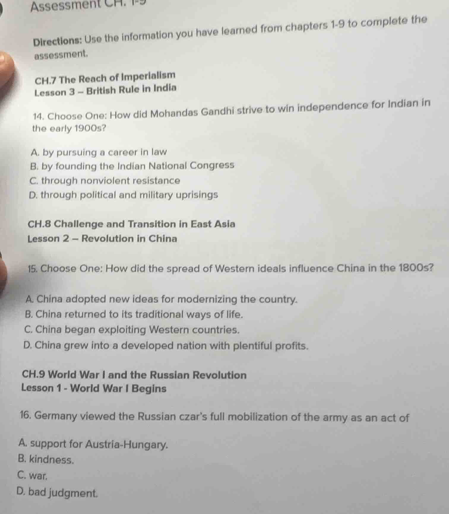 assessment ch. 1-9 directions: use the information you have learned fro…