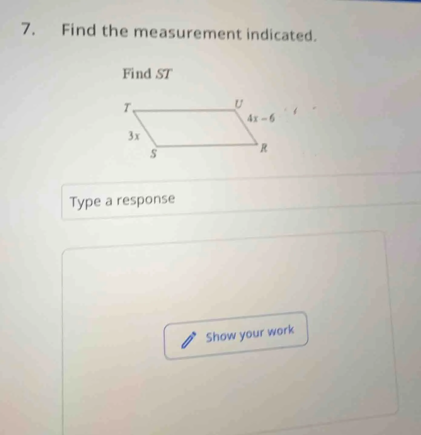 7. find the measurement indicated. find st image of a parallelogram tus…