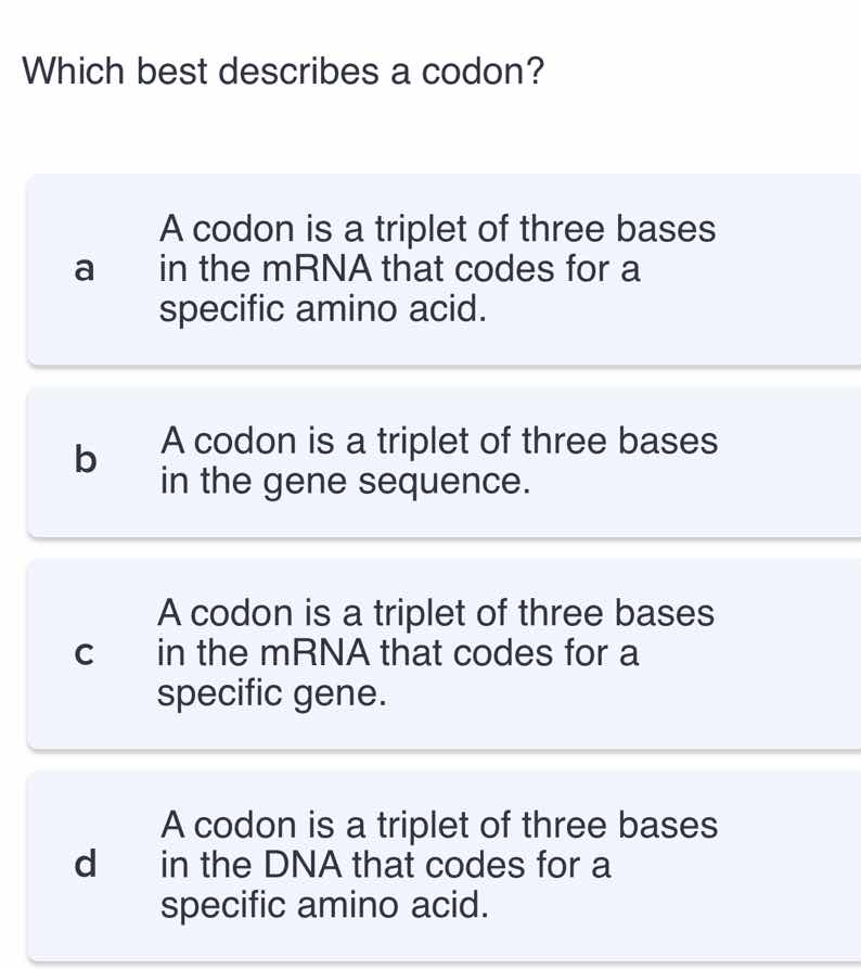 which best describes a codon? a a codon is a triplet of three bases in …