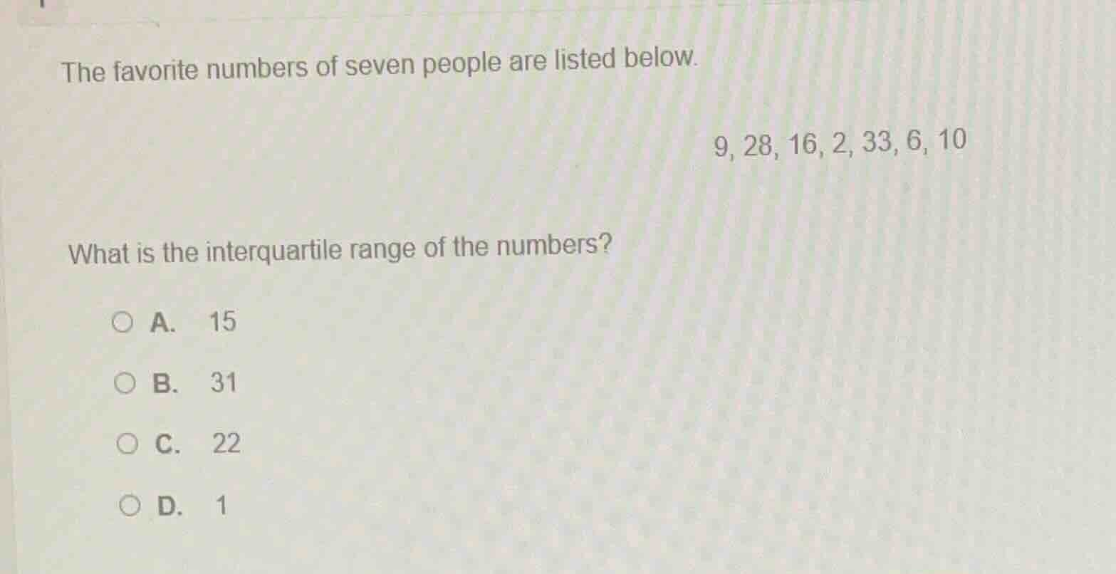 the favorite numbers of seven people are listed below. 9, 28, 16, 2, 33…
