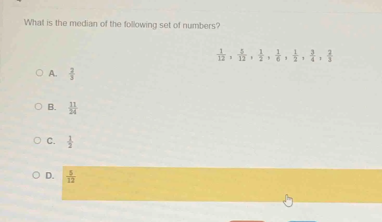what is the median of the following set of numbers? \\(\frac{1}{12}\\),…