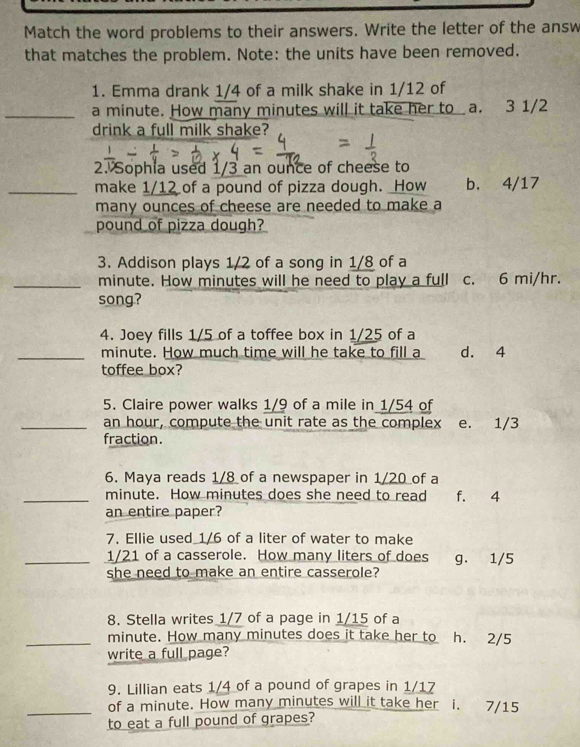 match the word problems to their answers. write the letter of the answ …