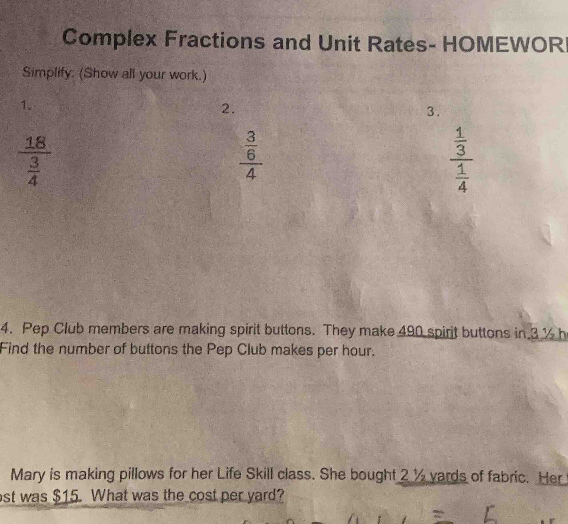 complex fractions and unit rates- homewori simplify: (show all your wor…