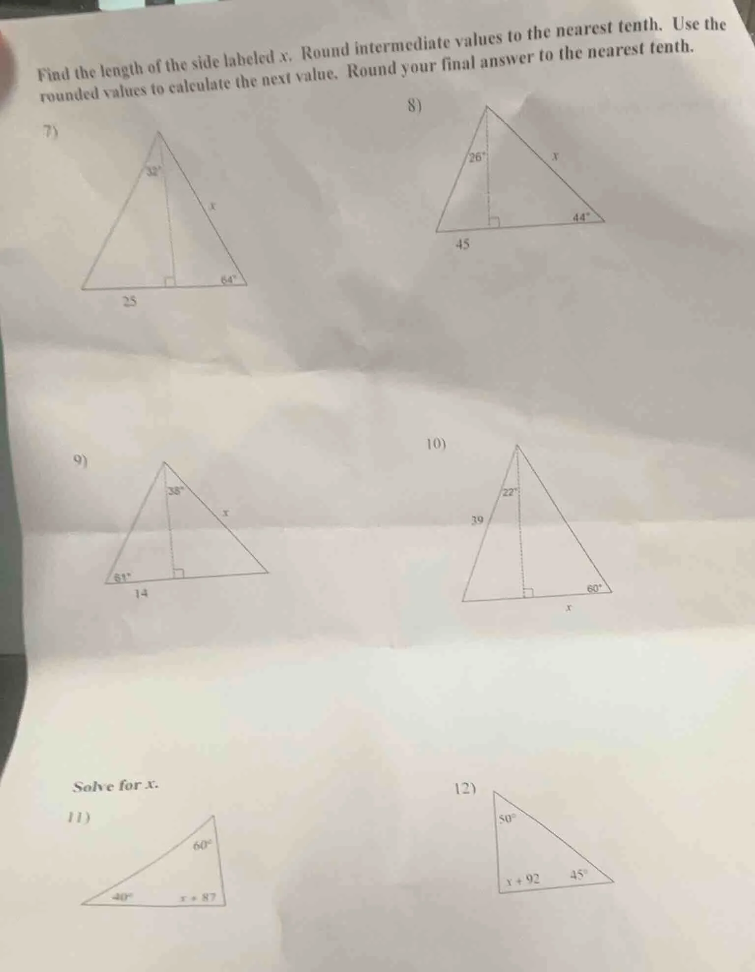 find the length of the side labeled x. round intermediate values to the…