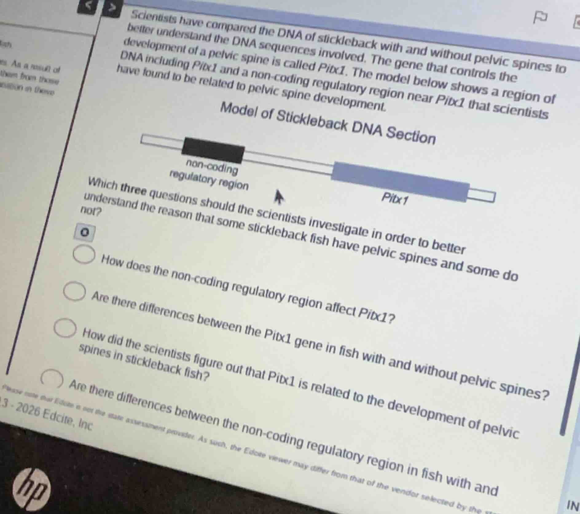 scientists have compared the dna of stickleback with and without pelvic…