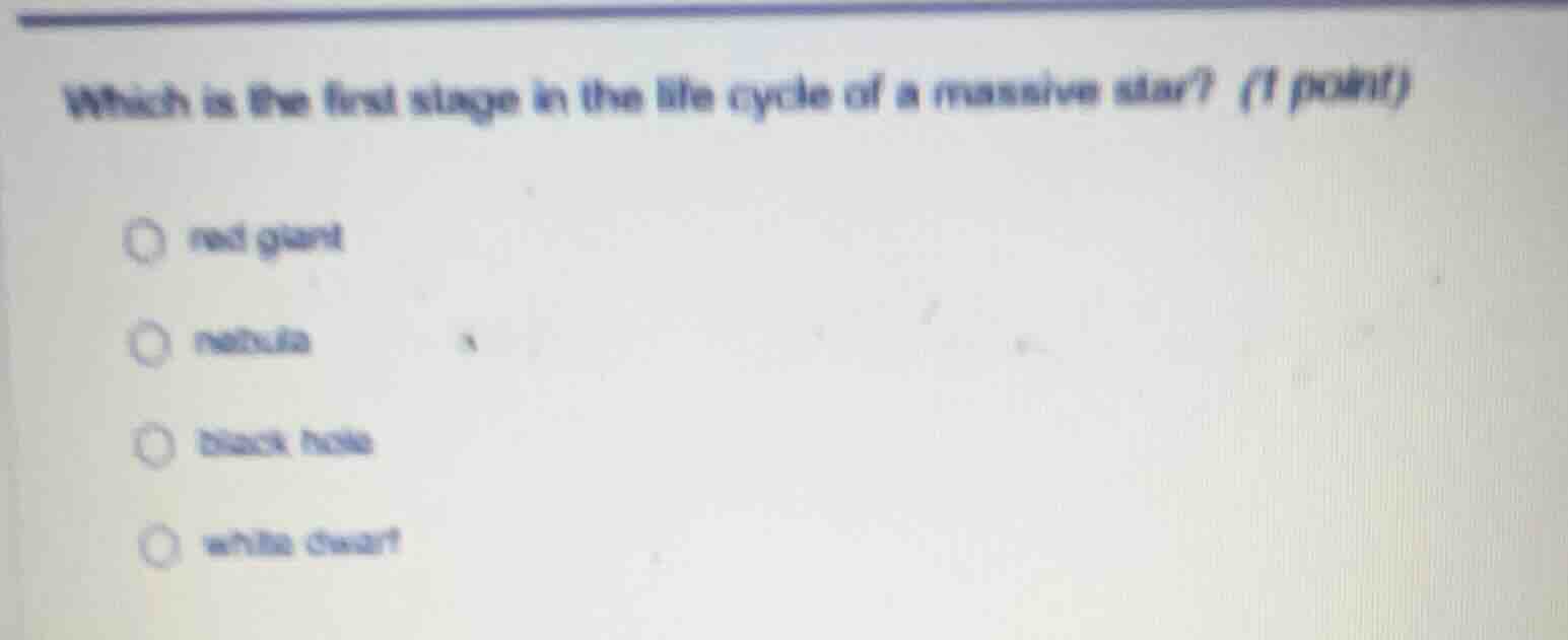 which is the first stage in the life cycle of a massive star? (1 point)…