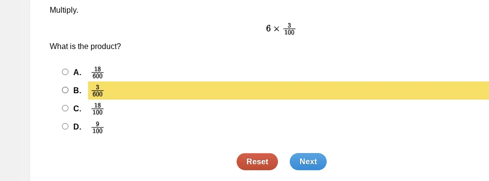 multiply. $6 \\times \\frac{3}{100}$ what is the product? a. $\\frac{18…