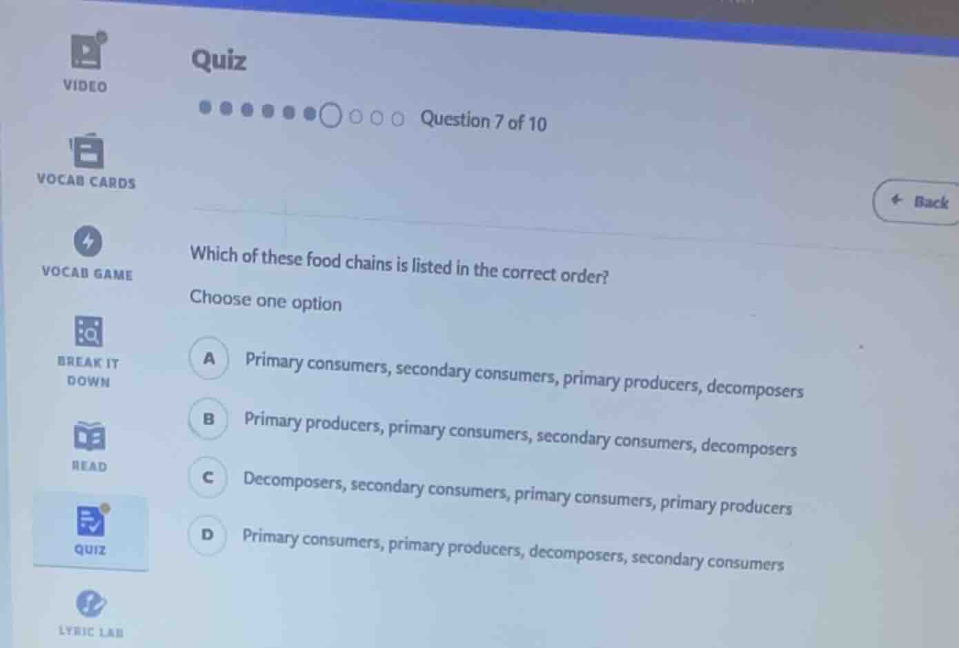 quiz question 7 of 10 which of these food chains is listed in the corre…
