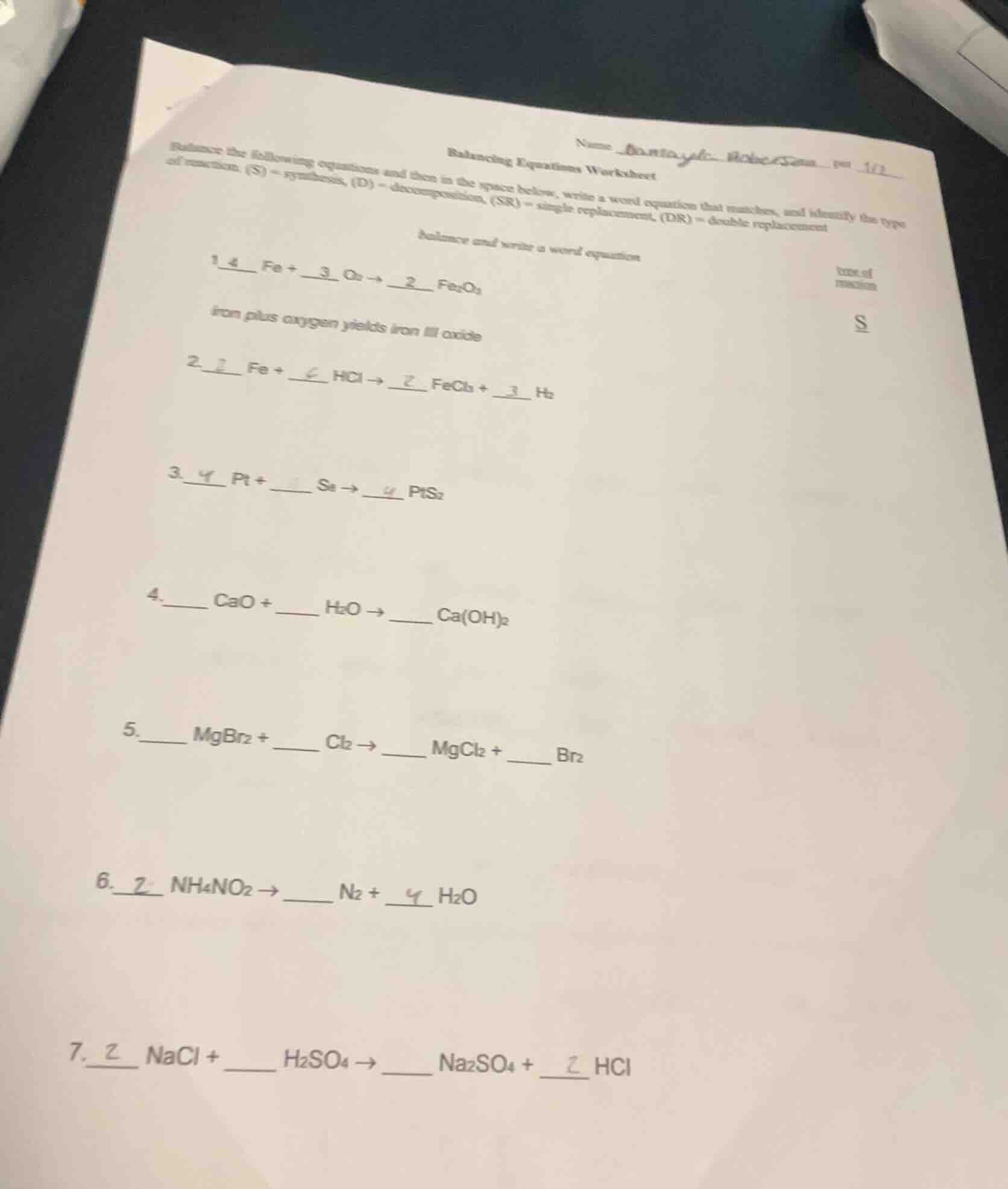 balancing equations worksheet name balance the following equations and …
