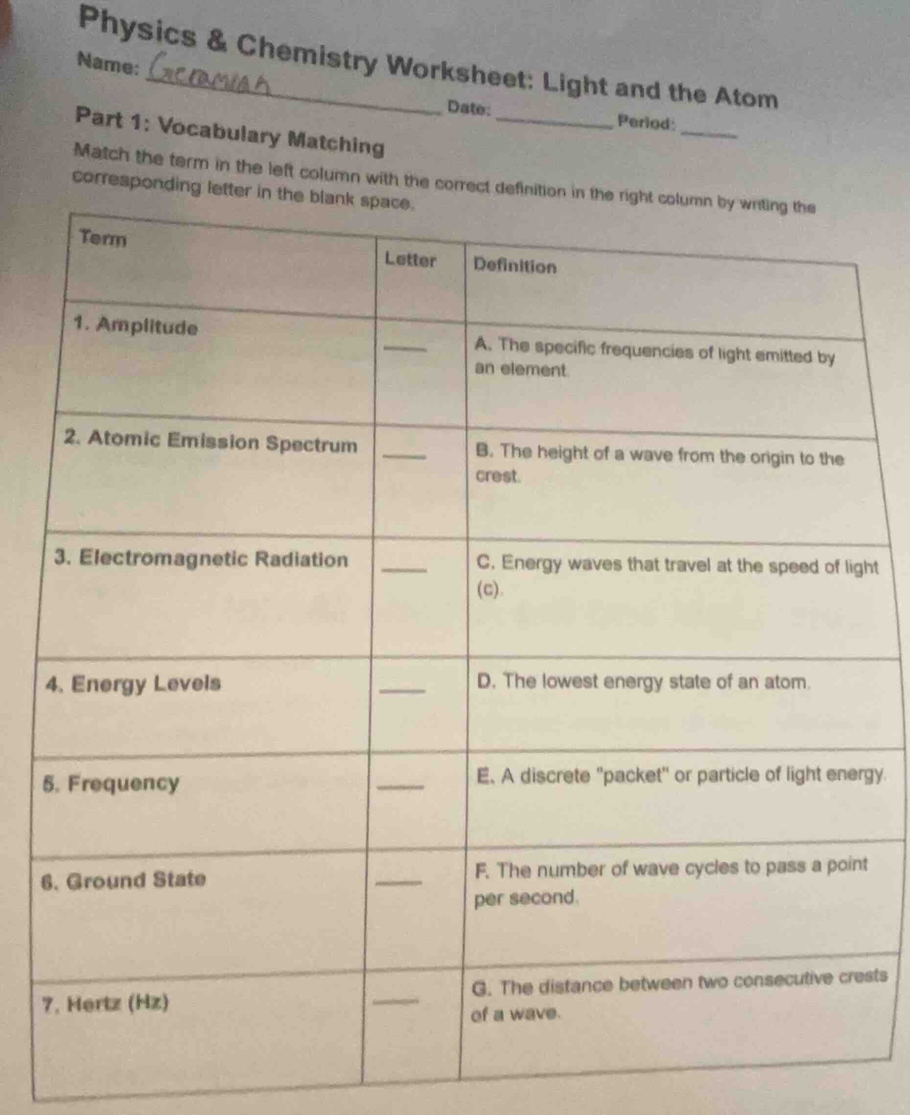 physics & chemistry worksheet: light and the atom name: date: period: p…