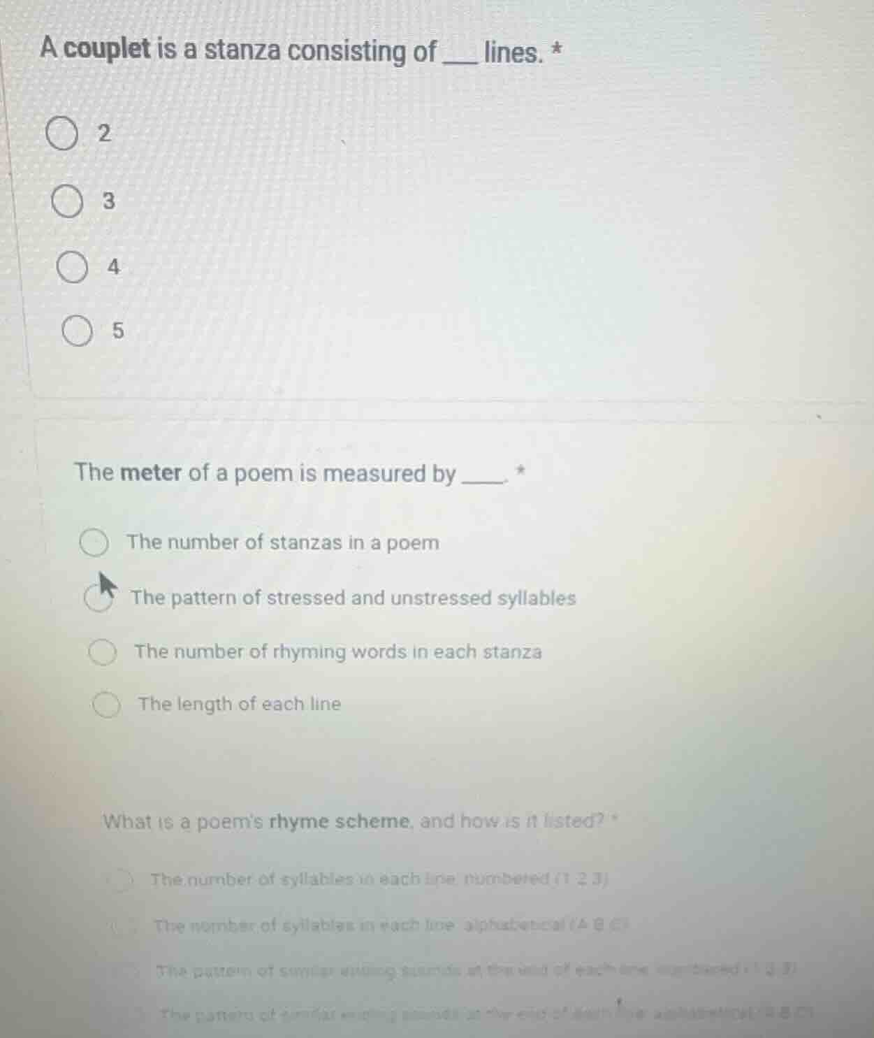 a couplet is a stanza consisting of ___ lines. * 2 3 4 5 the meter of a…