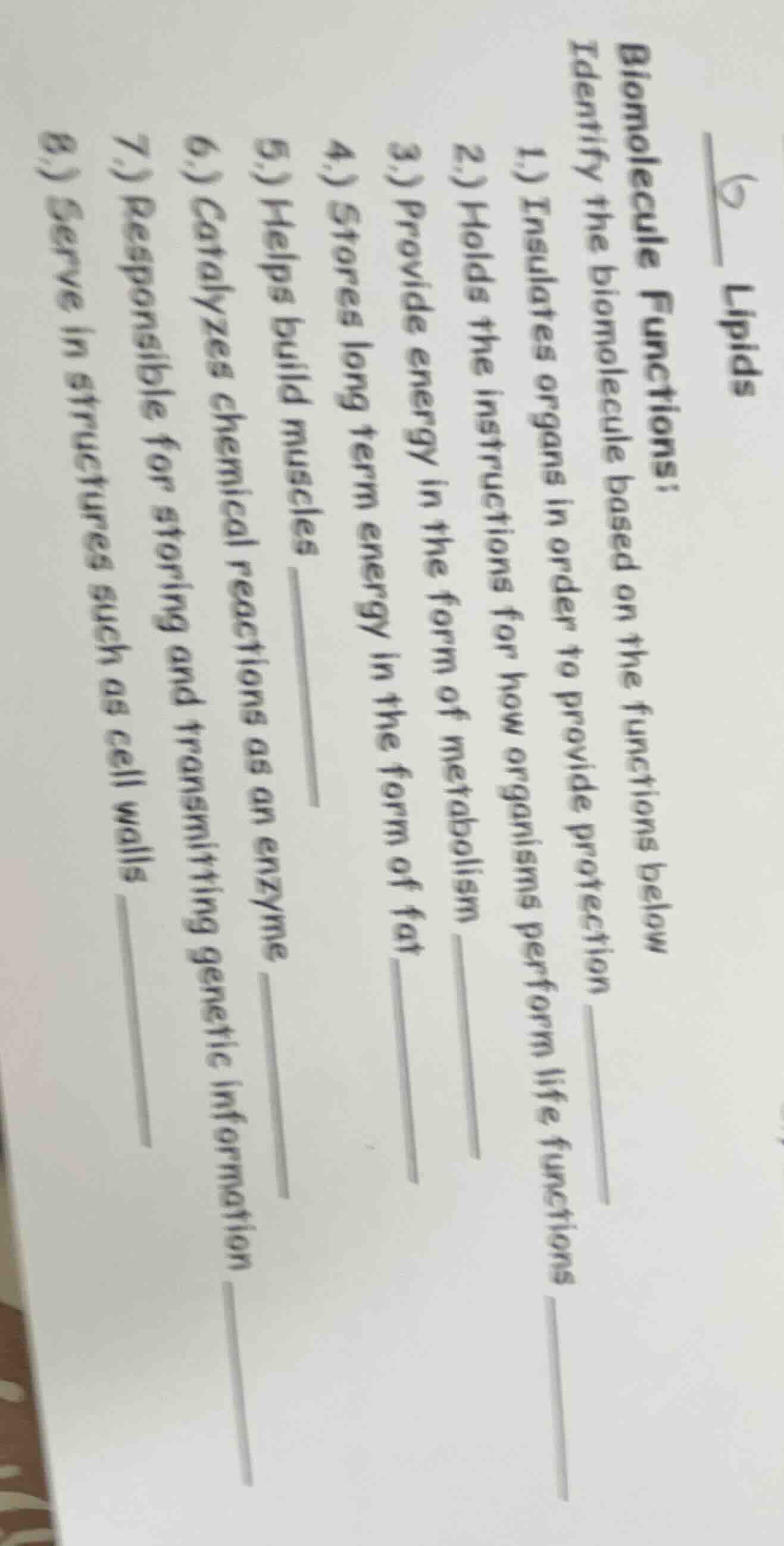 lipids biomolecule functions: identify the biomolecule based on the fun…