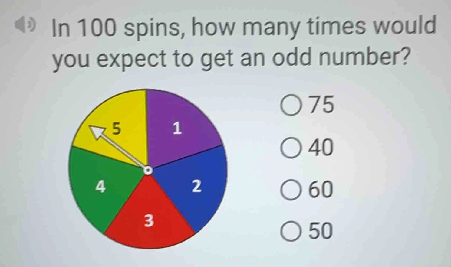 in 100 spins, how many times would you expect to get an odd number? 5 1…