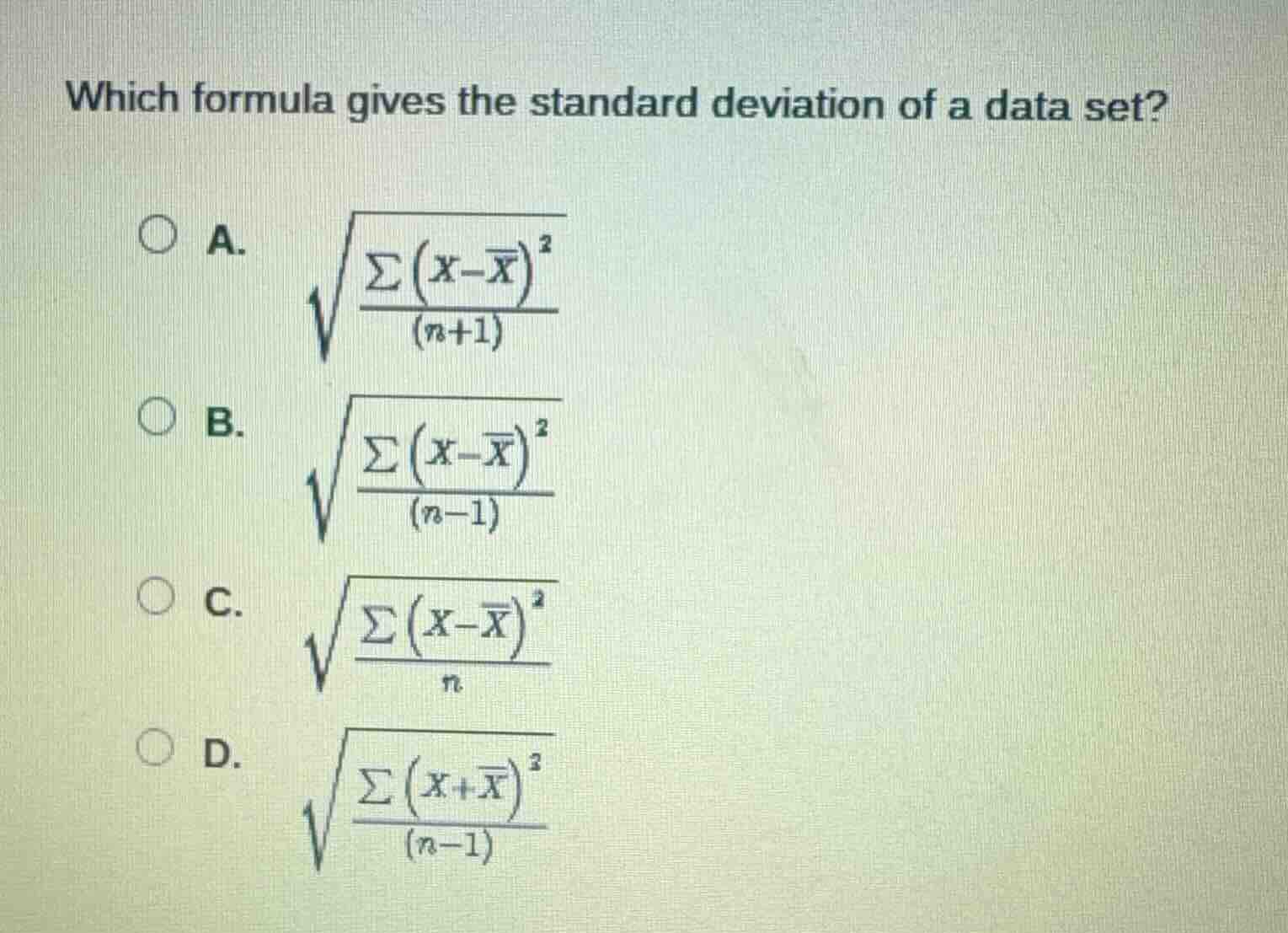 which formula gives the standard deviation of a data set? a. \\(\\sqrt{…