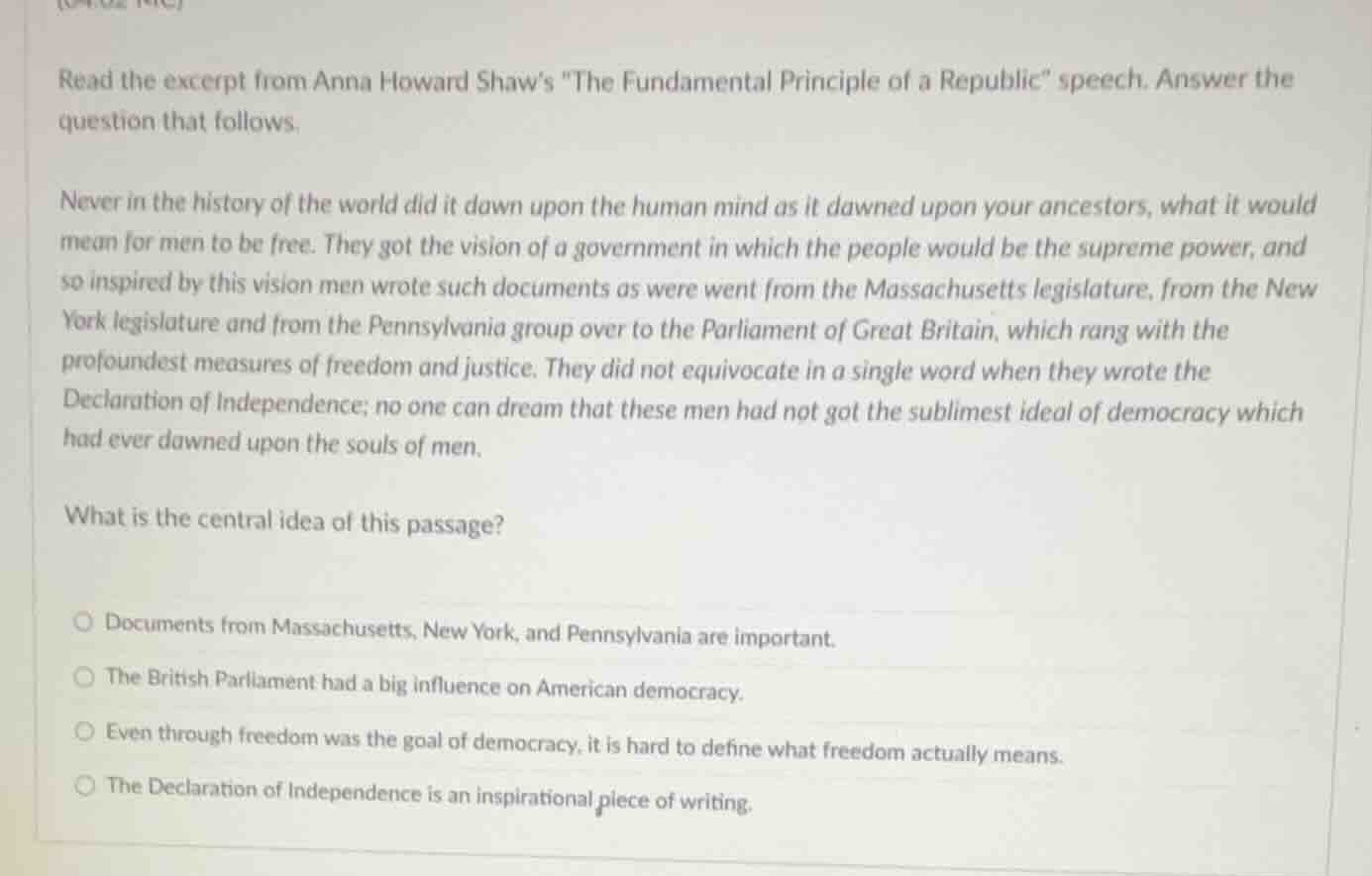 read the excerpt from anna howard shaw’s \the fundamental principle of …