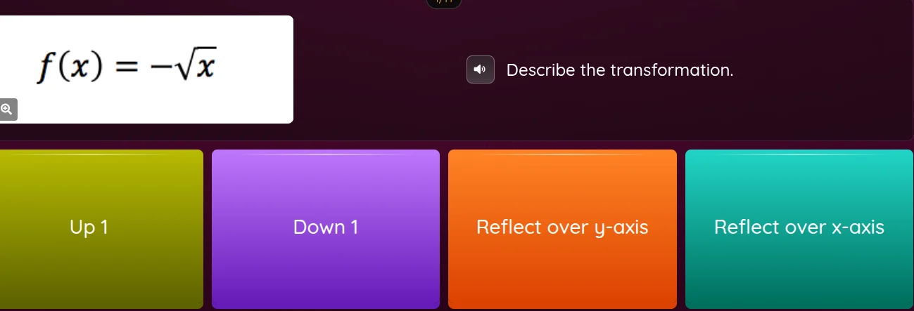f(x) = -√x describe the transformation. up 1 down 1 reflect over y-axis…