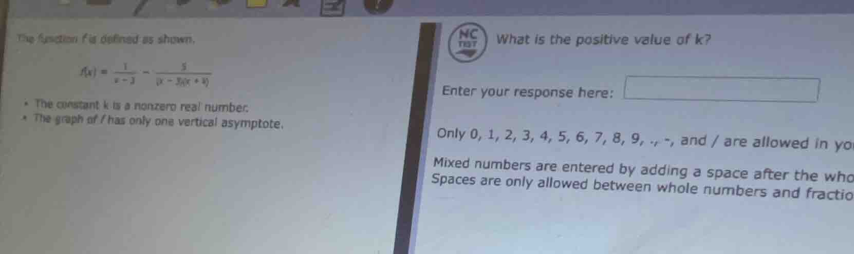 the function f is defined as shown. $f(x) = \\frac{1}{x - 3} - \\frac{5…