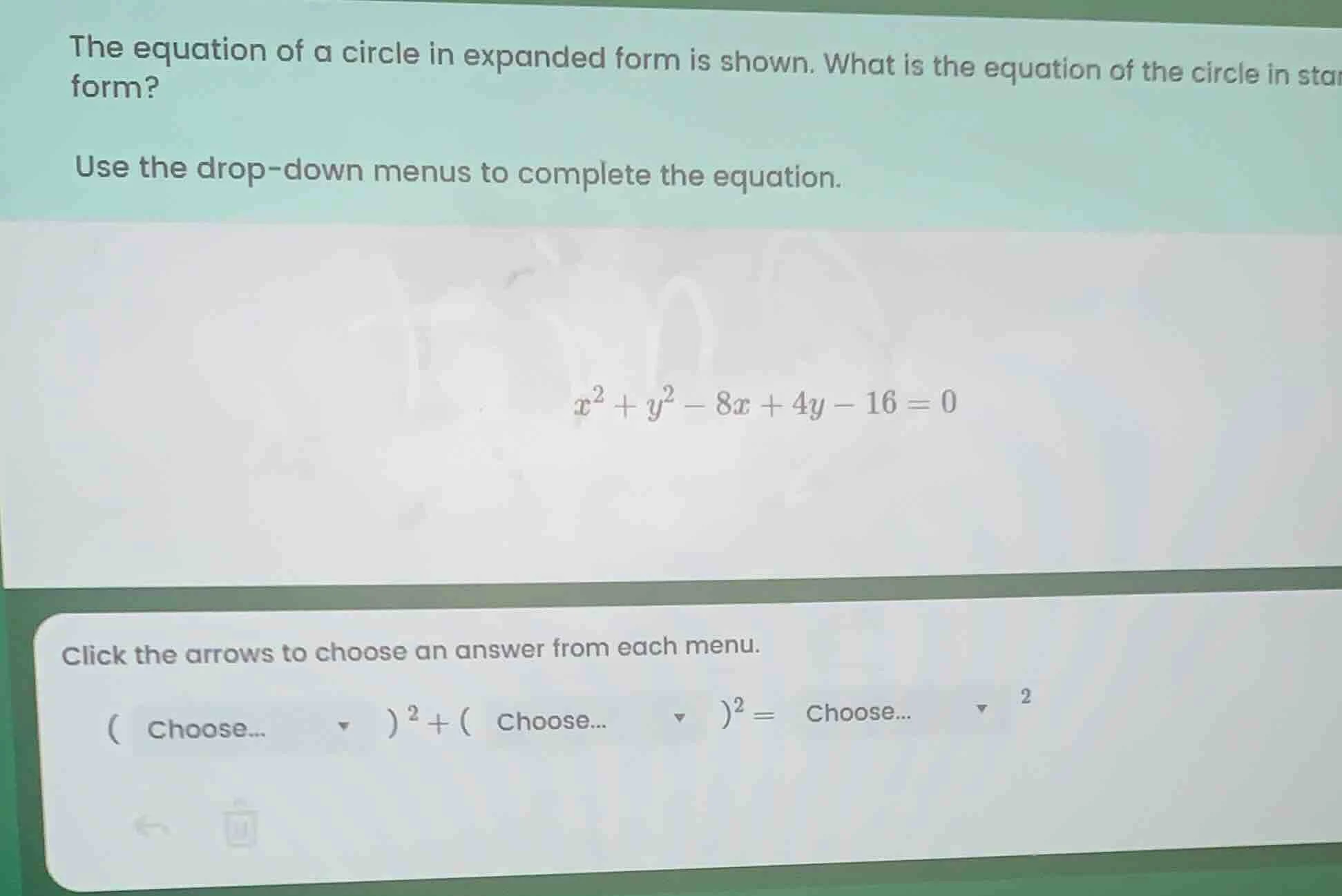 the equation of a circle in expanded form is shown. what is the equatio…