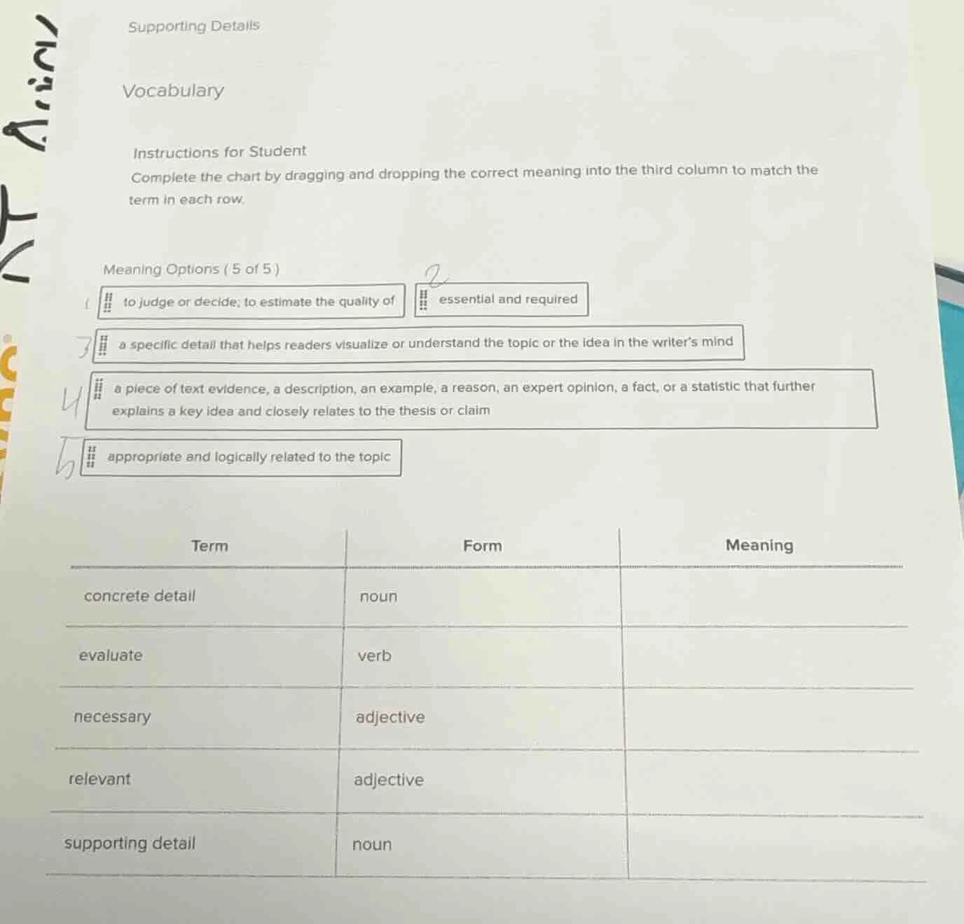 supporting details vocabulary instructions for student complete the cha…