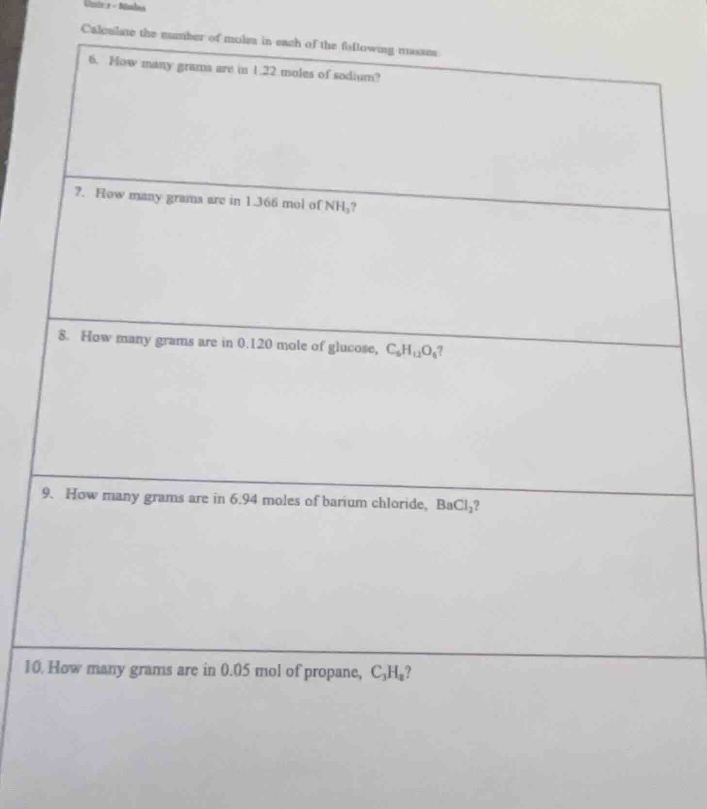unit 7 - moles calculate the number of moles in each of the following m…