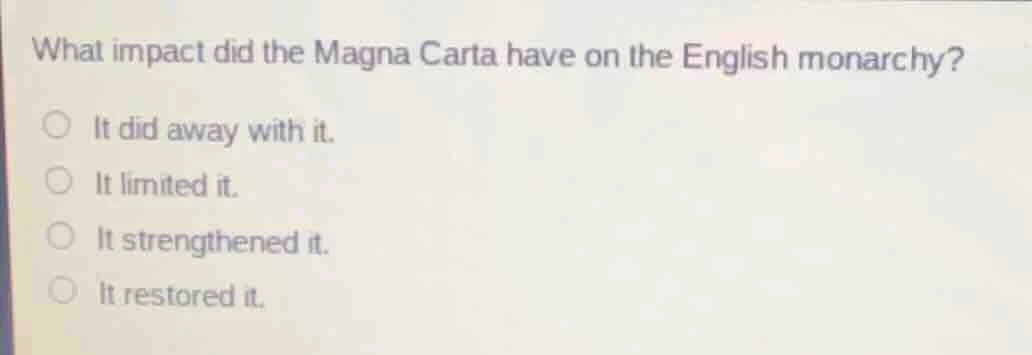 what impact did the magna carta have on the english monarchy? ○ it did …