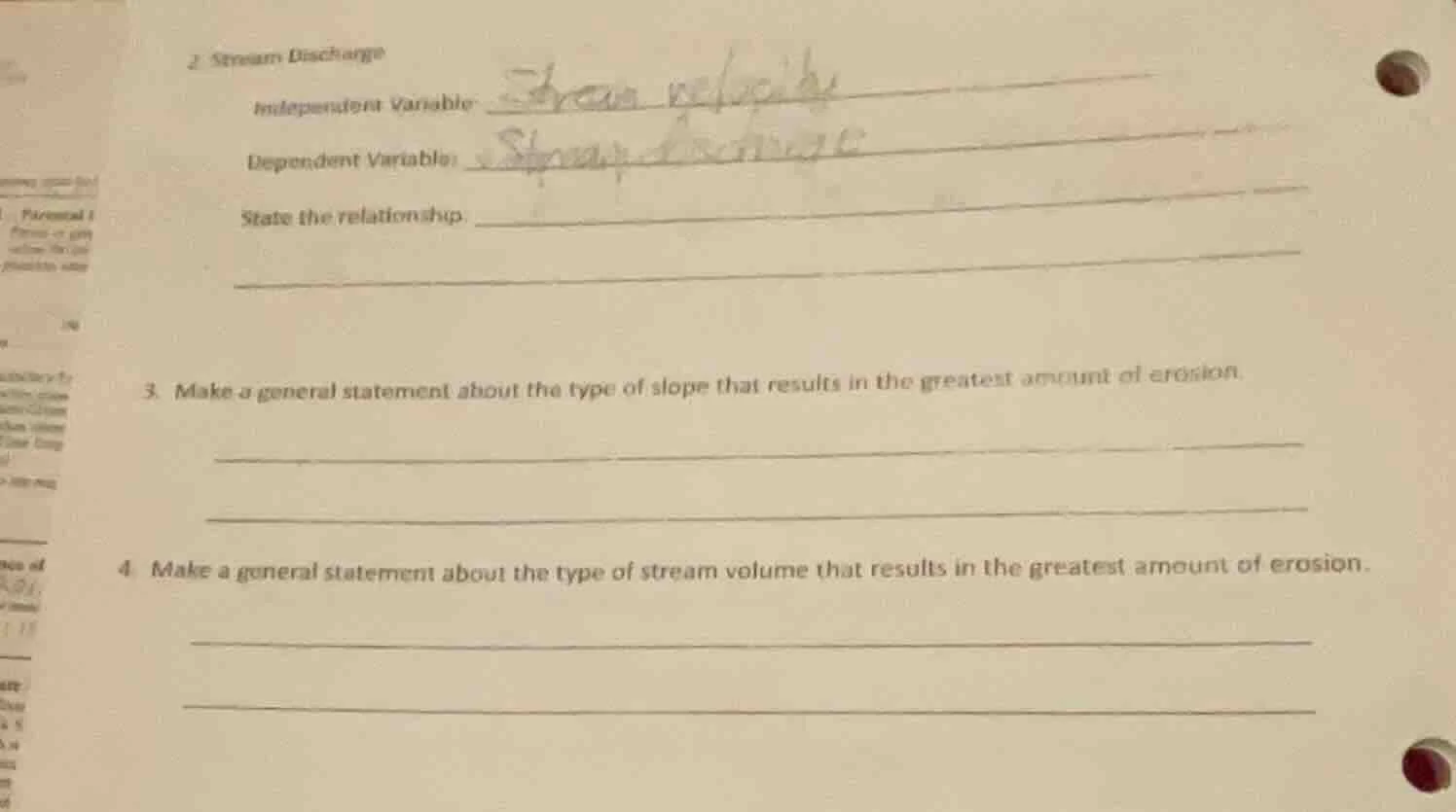 2 stream discharge independent variable: dependent variable: state the …