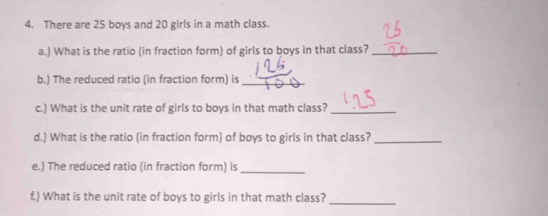 4. there are 25 boys and 20 girls in a math class. a.) what is the rati…