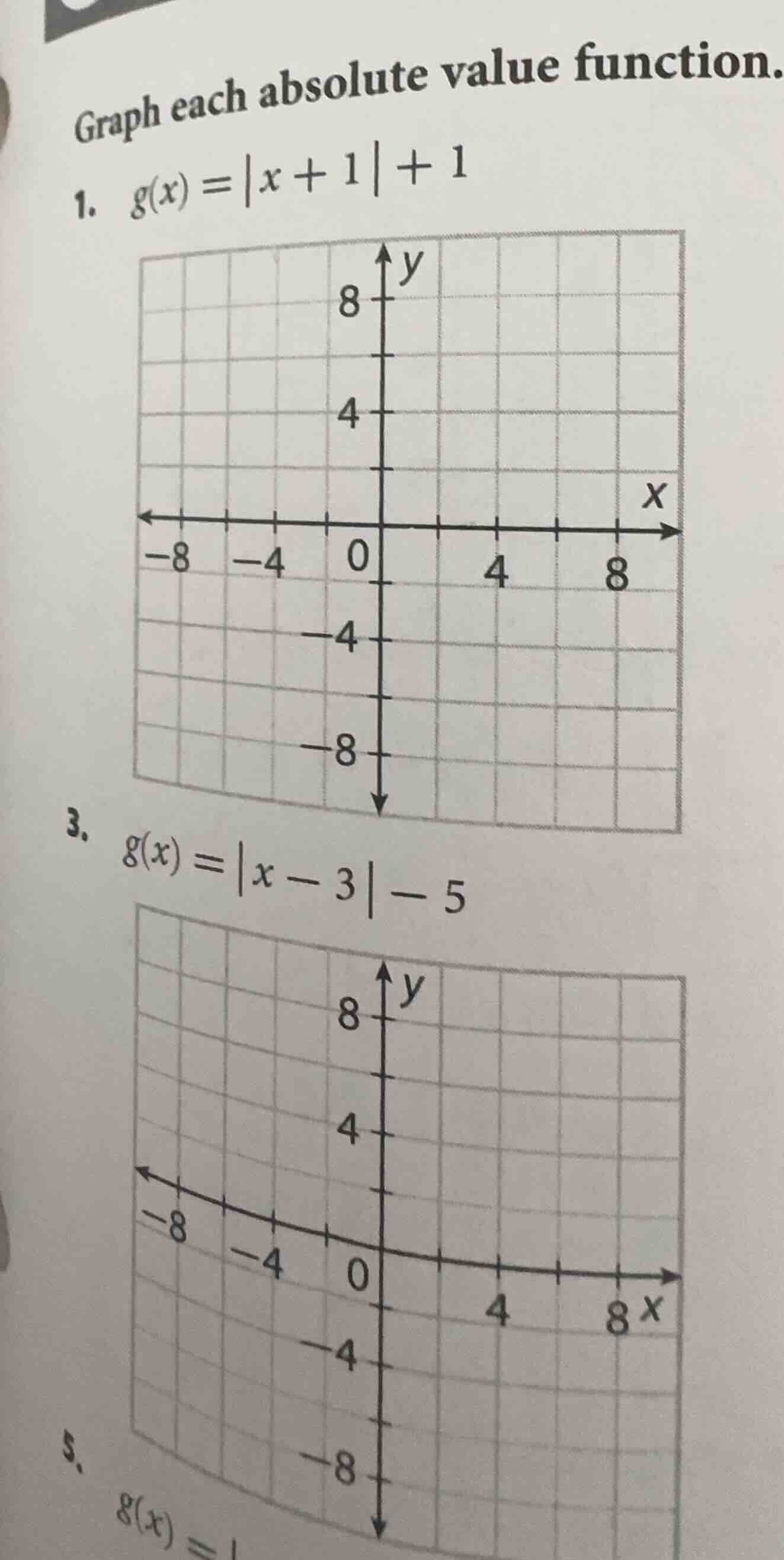 graph each absolute value function. 1. $g(x) = |x + 1| + 1$ 3. $g(x) = …