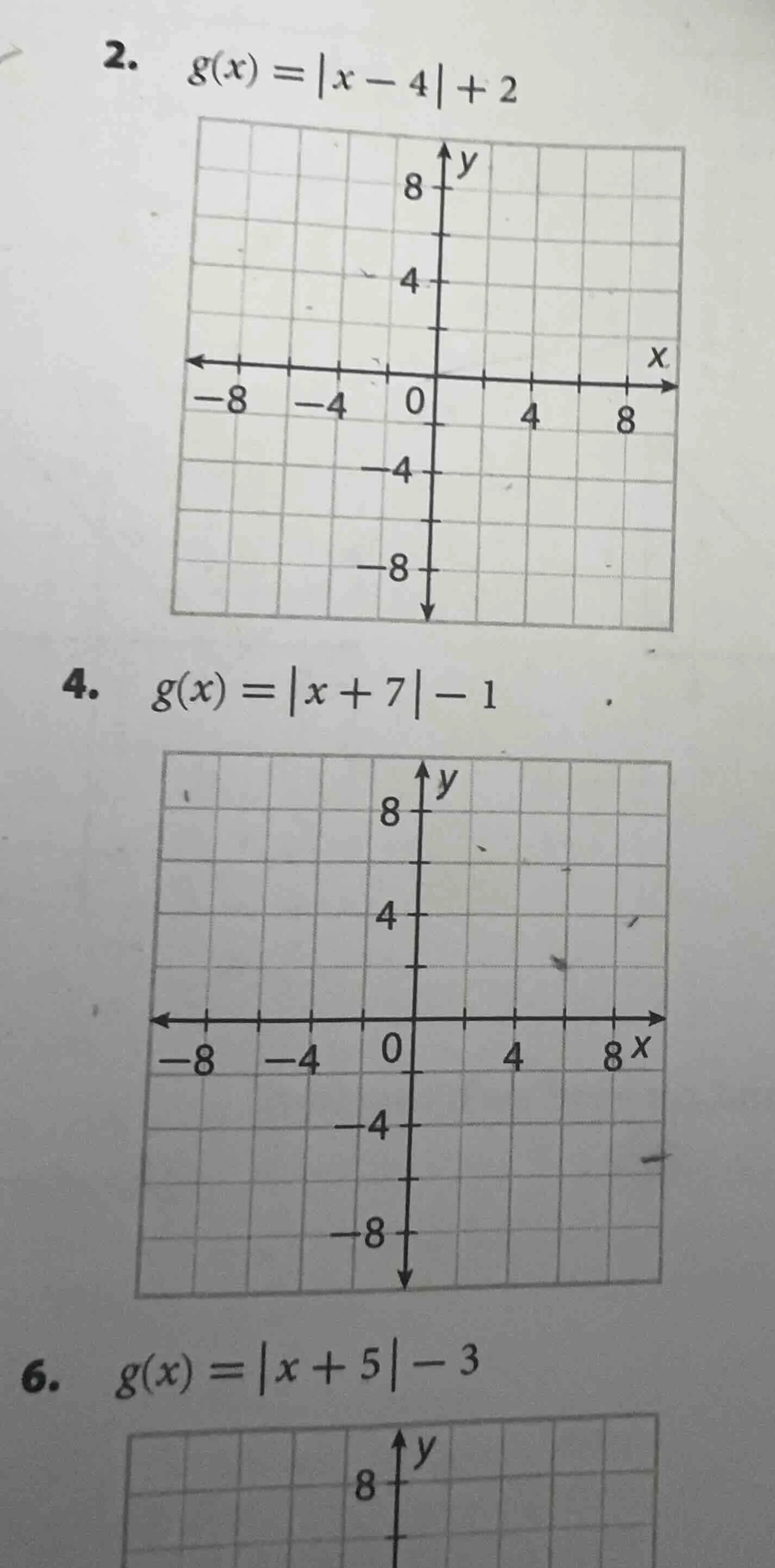 2. $g(x) = |x - 4| + 2$ 4. $g(x) = |x + 7| - 1$ 6. $g(x) = |x + 5| - 3$