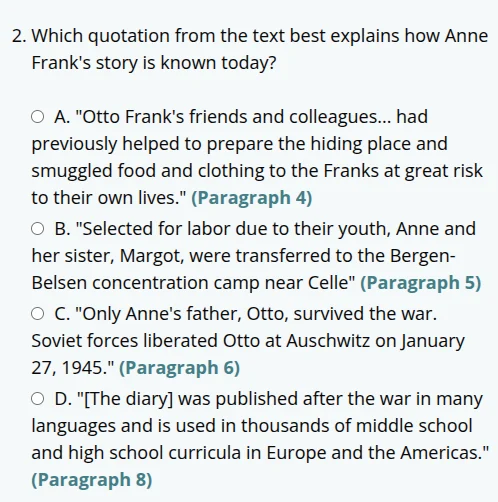 2. which quotation from the text best explains how anne franks story is…
