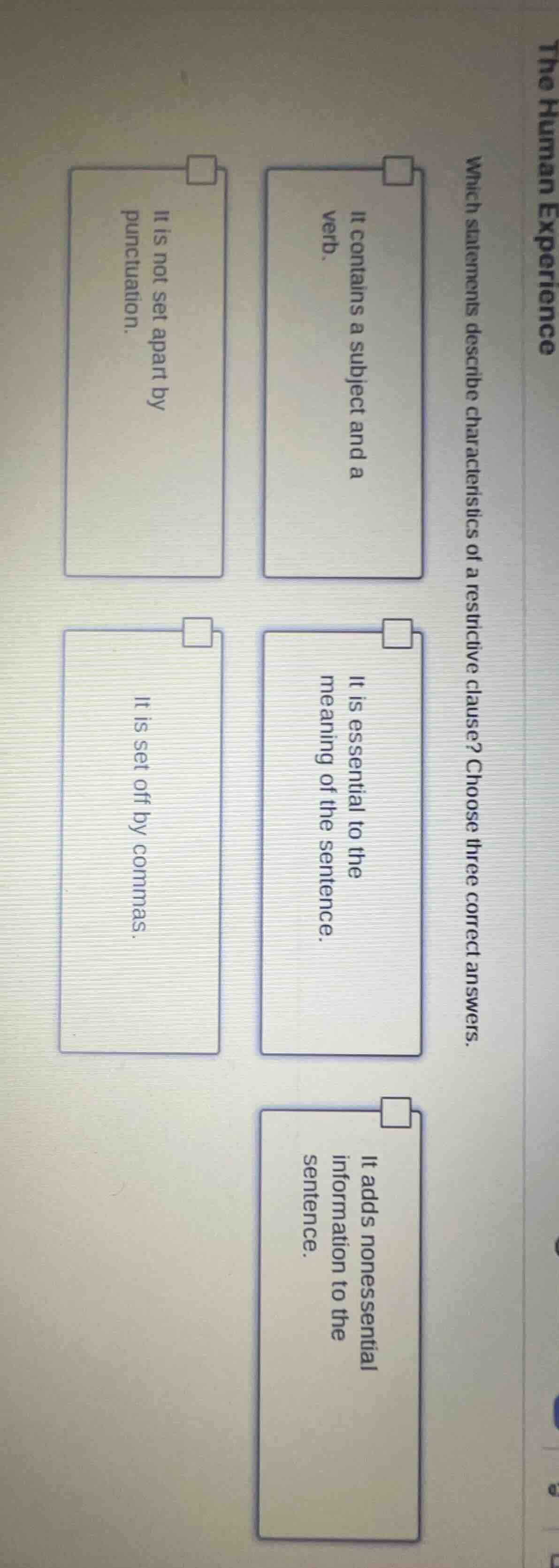 which statements describe characteristics of a restrictive clause? choo…