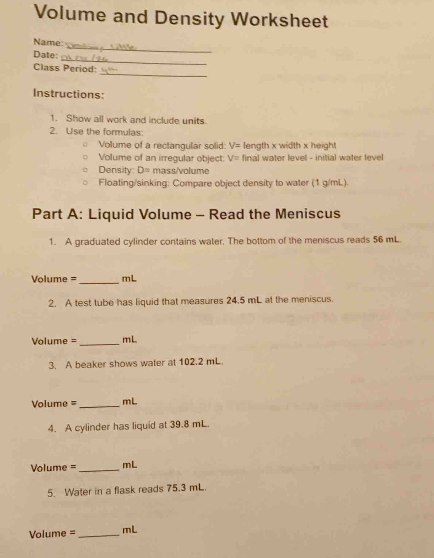 volume and density worksheet name: date: class period: instructions: 1.…