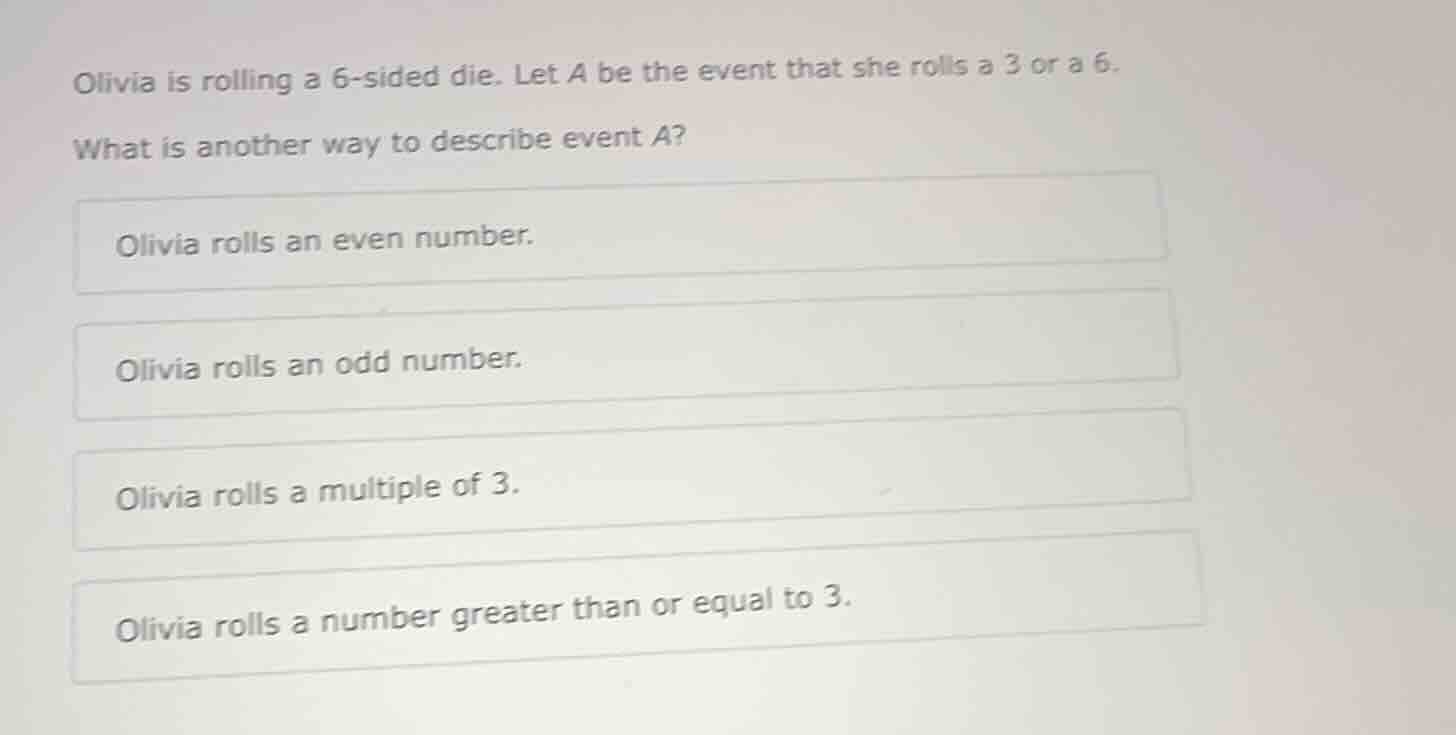 olivia is rolling a 6 - sided die. let a be the event that she rolls a …