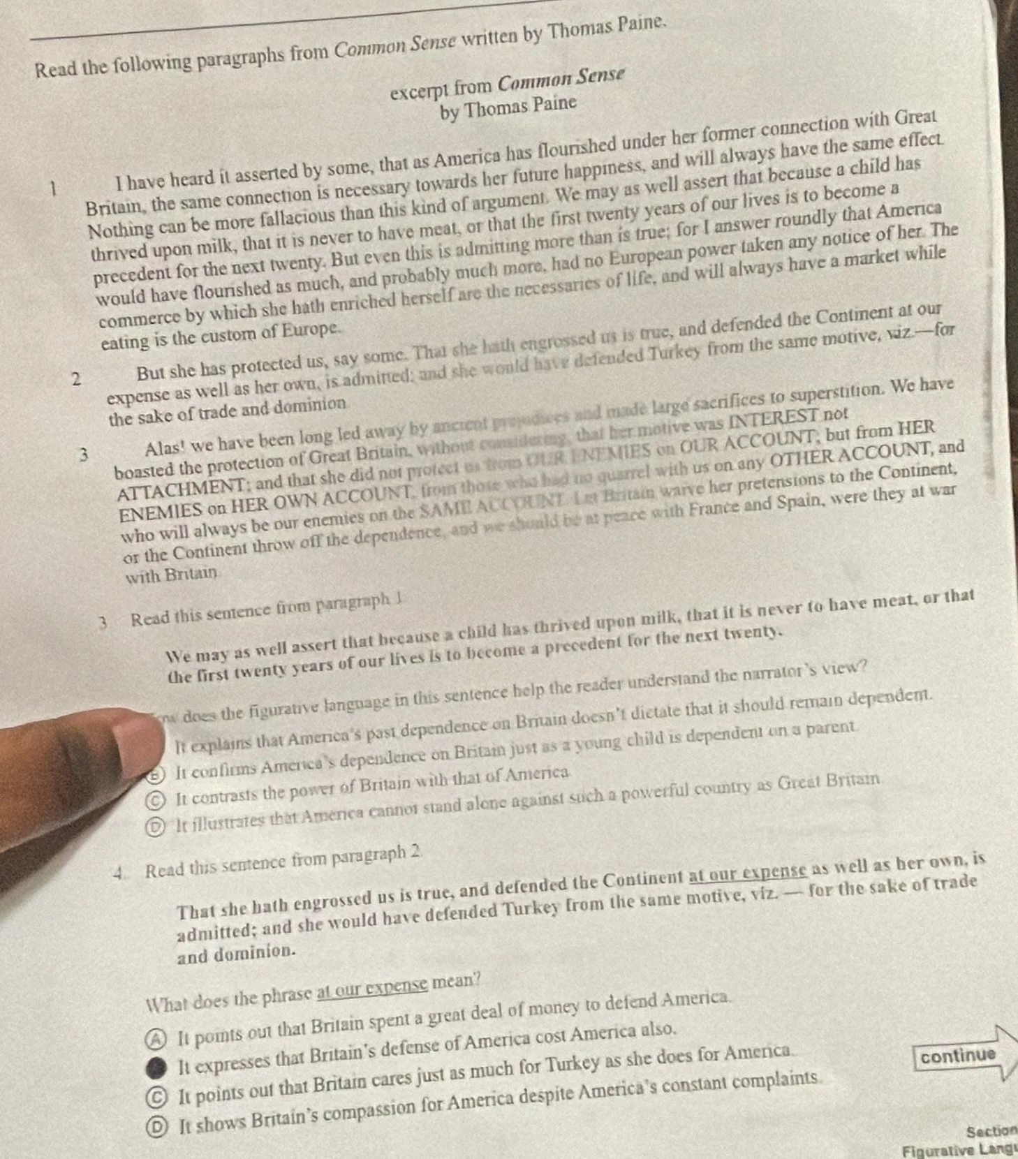 read the following paragraphs from common sense written by thomas paine…