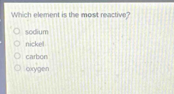 which element is the most reactive? ○ sodium ○ nickel ○ carbon ○ oxygen