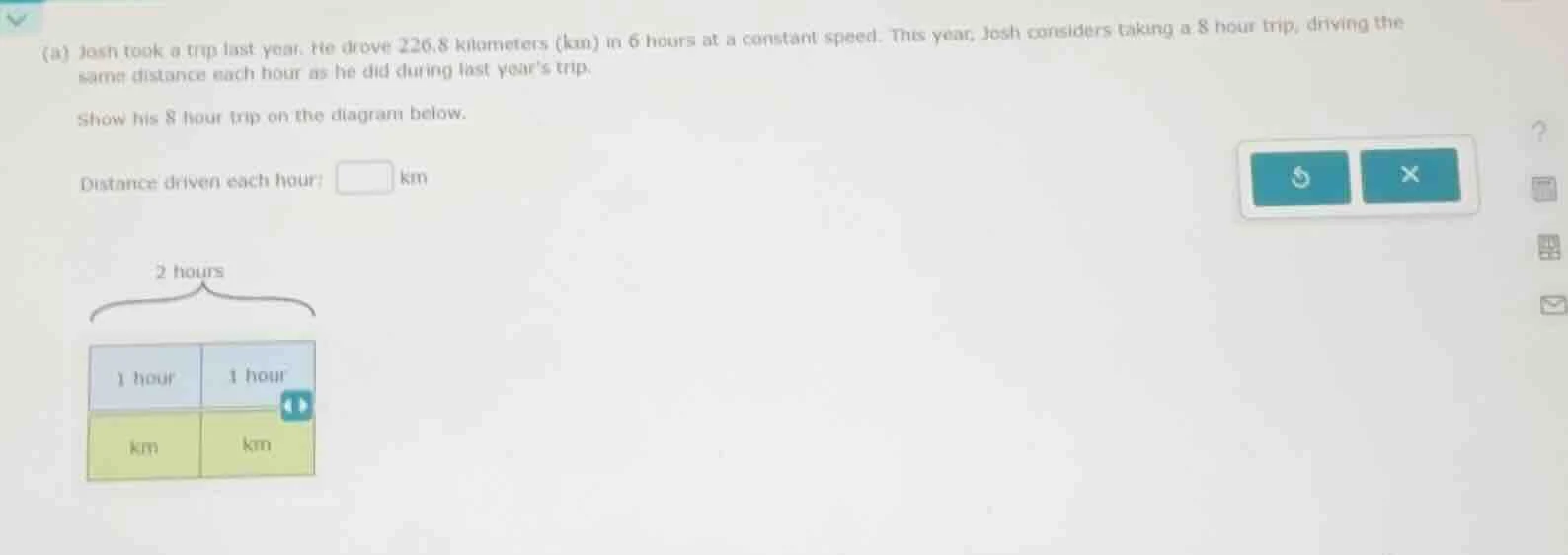 (u) josh took a trip last year. he drove 226.8 kilometers (km) in 6 hou…