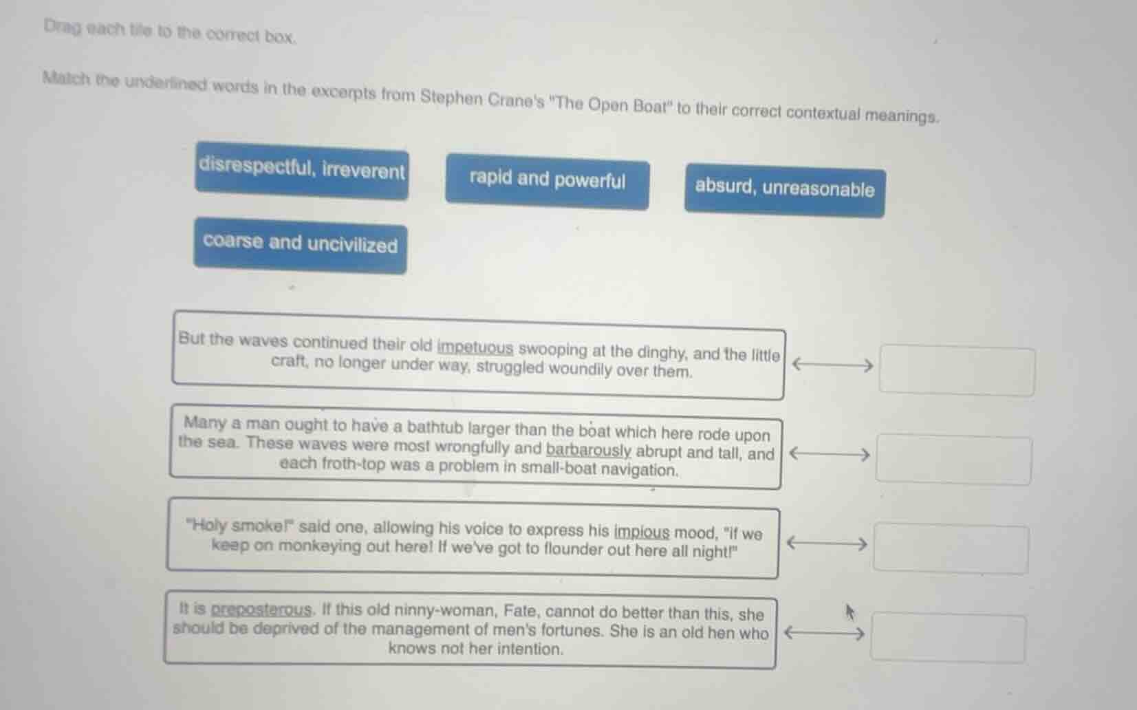 drag each tile to the correct box. match the underlined words in the ex…