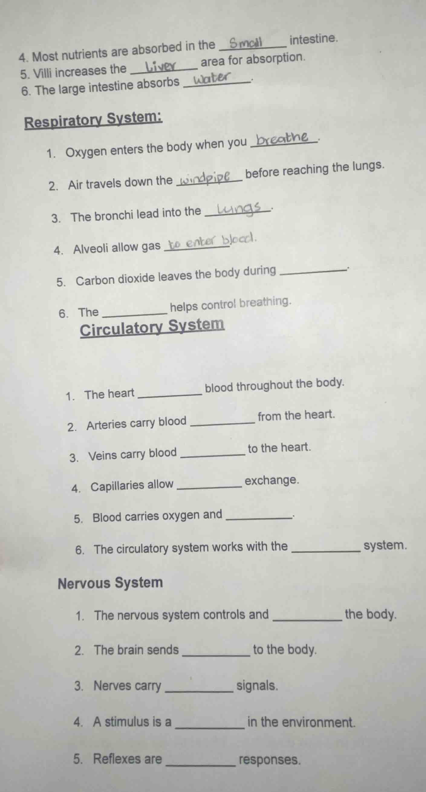 4. most nutrients are absorbed in the ______ intestine. 5. villi increa…