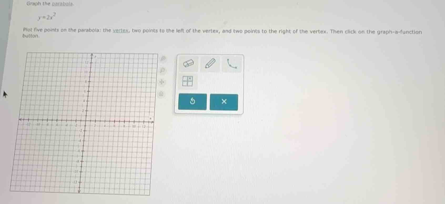 graph the parabola. $y = 2x^2$ plot five points on the parabola: the ve…