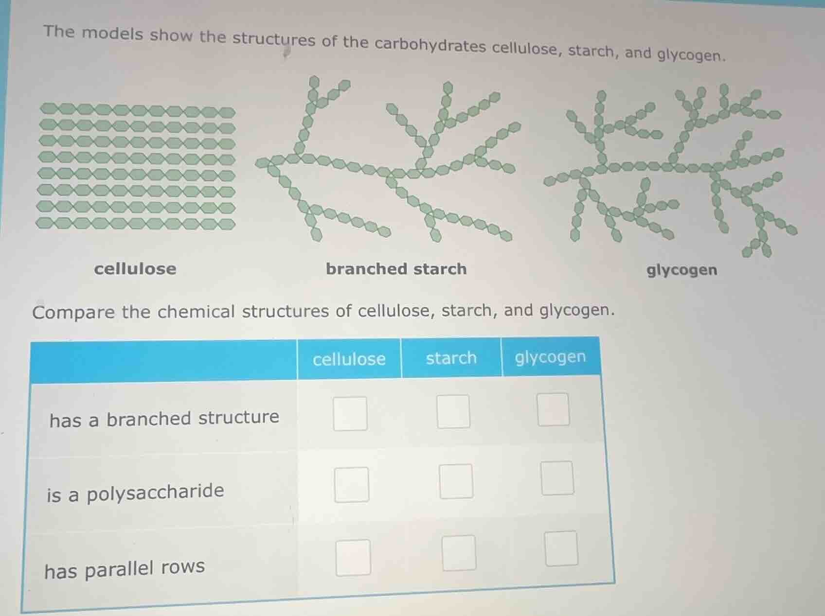 the models show the structures of the carbohydrates cellulose, starch, …