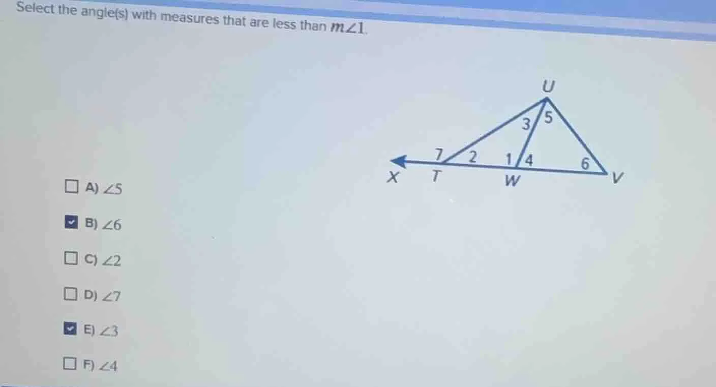 select the angle(s) with measures that are less than $m\\angle 1$. a) $…