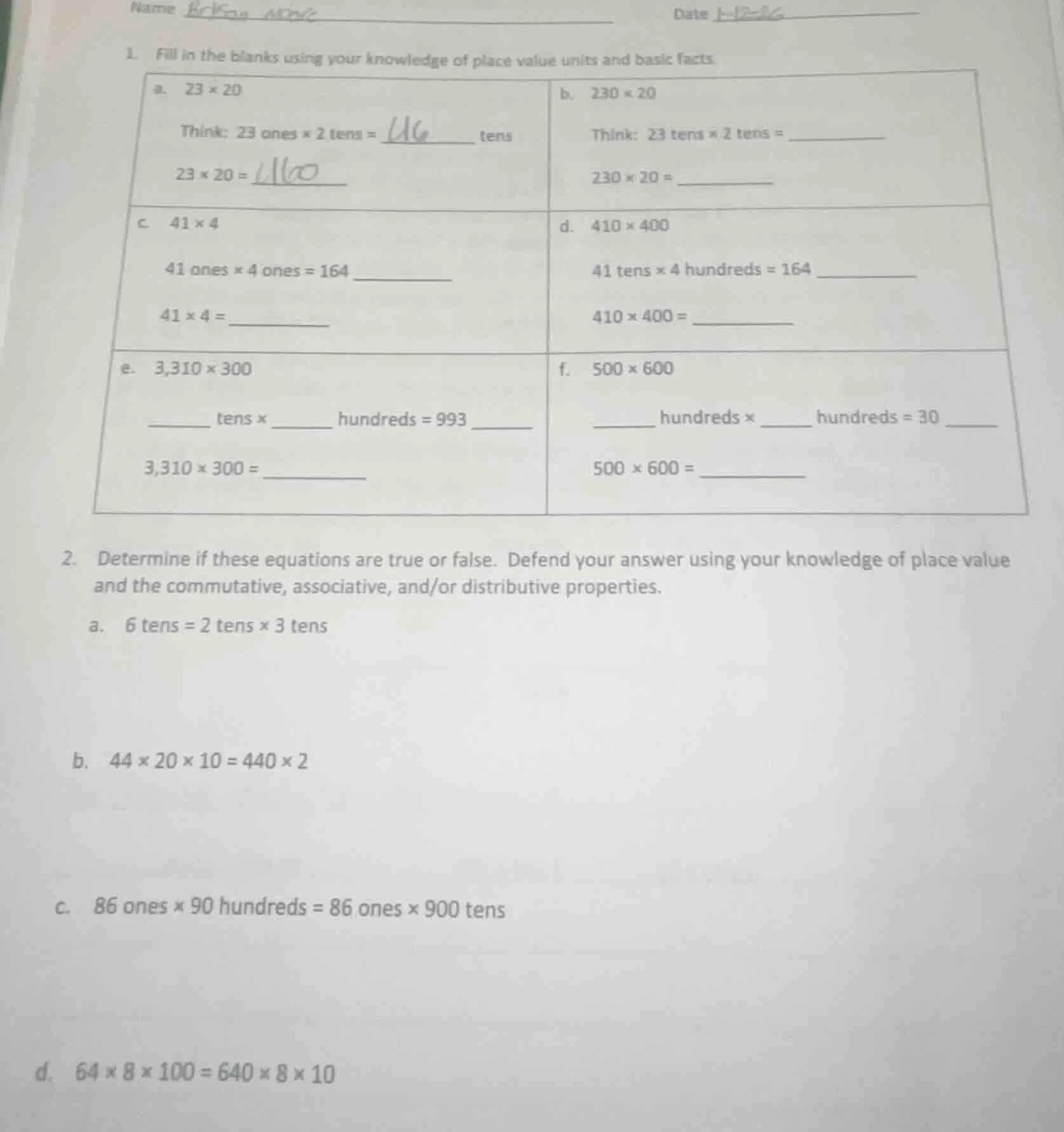 name date 1. fill in the blanks using your knowledge of place value uni…
