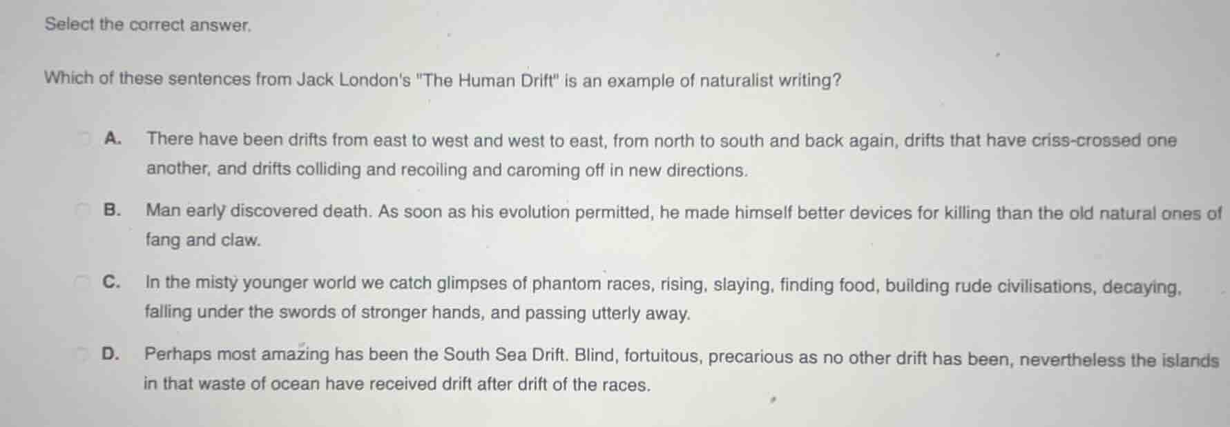 select the correct answer. which of these sentences from jack londons \…